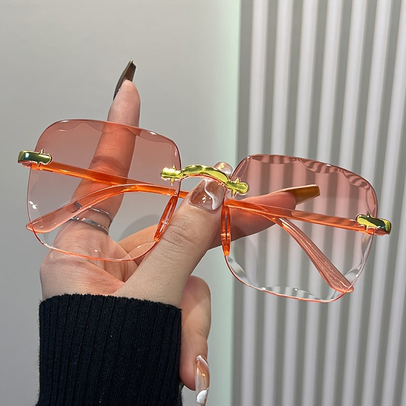 Women's Rimless Square Fashion Glasses Gradient Lens Golden Frame Lightweight Plastic Vintage Style for Beach Party Travel