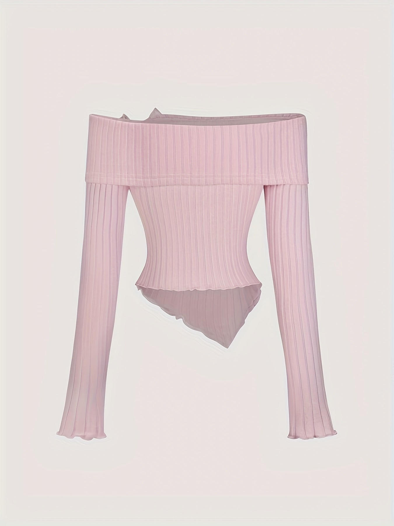 Women's Pink Knit Off-Shoulder Top with Bowknot and Lettuce Hem for All Seasons