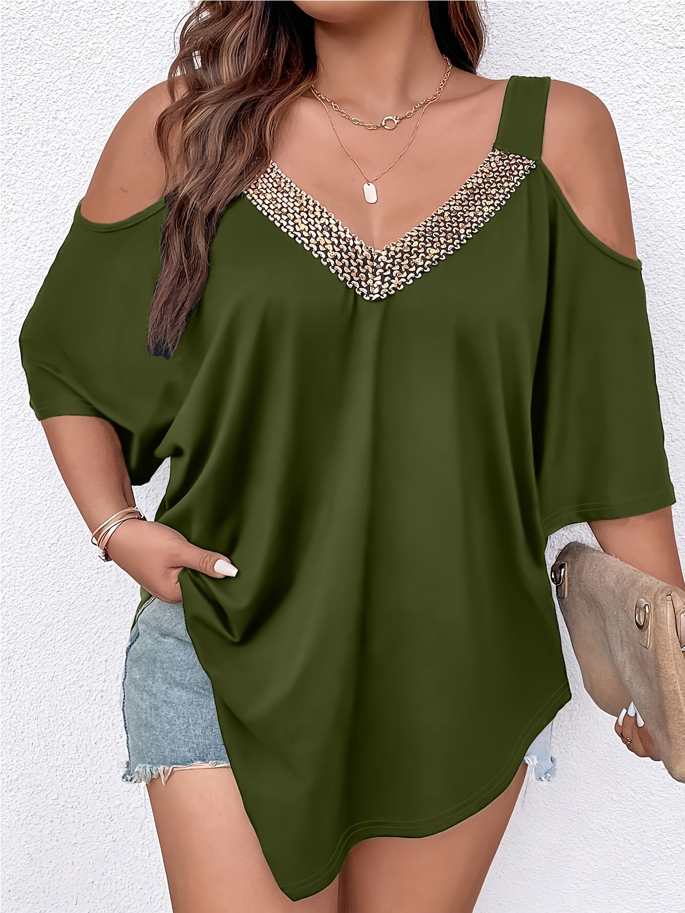 Plus Size Cold Shoulder V Neck T-Shirt Asymmetrical Hem Spring Summer Women