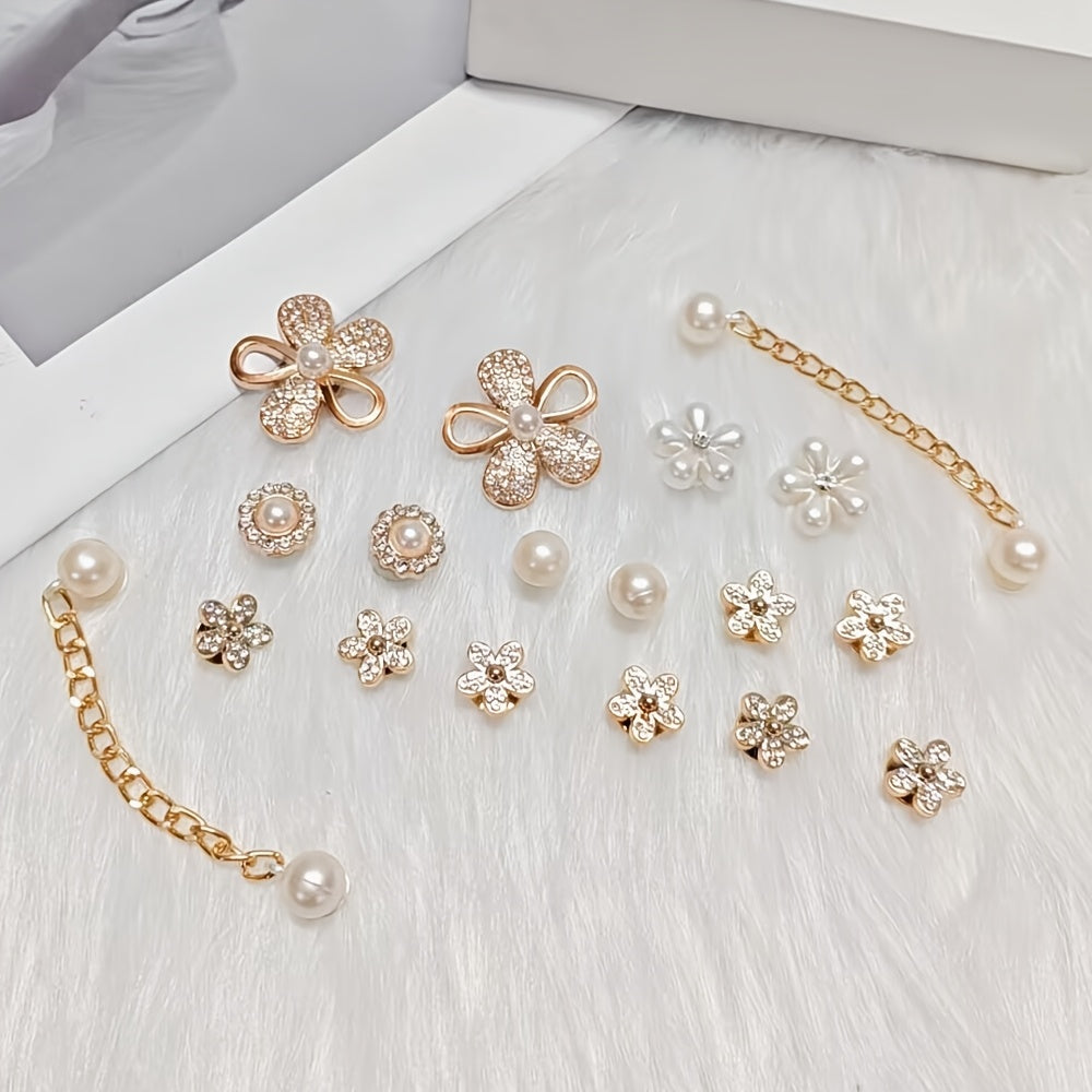 Women Faux Rhinestone Shoe Charms Set with Flowers and Chains 18pcs