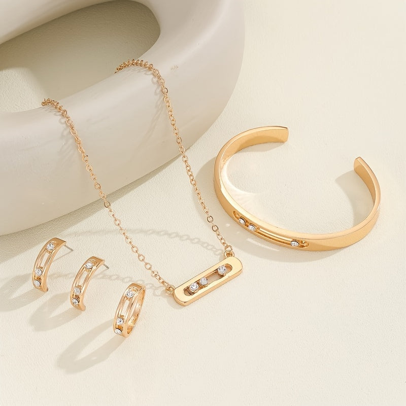 5 ta qismdan iborat rux alloy zargarlik to'plami, rhinestone mozaikasi bilan oddiy shahar modasini taqdim etadi, geometrik ellips dizayni. Kundalik kiyish yoki partiya tadbirlari uchun mukammal. Zanjir, bilaguzuk, marjon va pendantni o'z ichiga oladi.