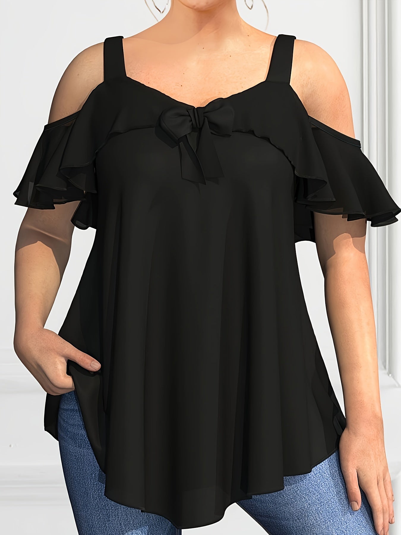 Plus Size Women's Suspender Style Summer Top with Bow Neckline