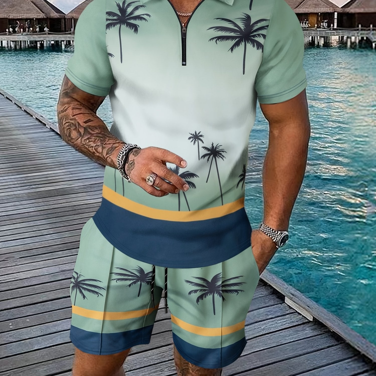 Men's Summer Knit Polyester Palm Tree Print Shirt and Shorts Set Zipper Turn-Down Collar Casual Beachwear