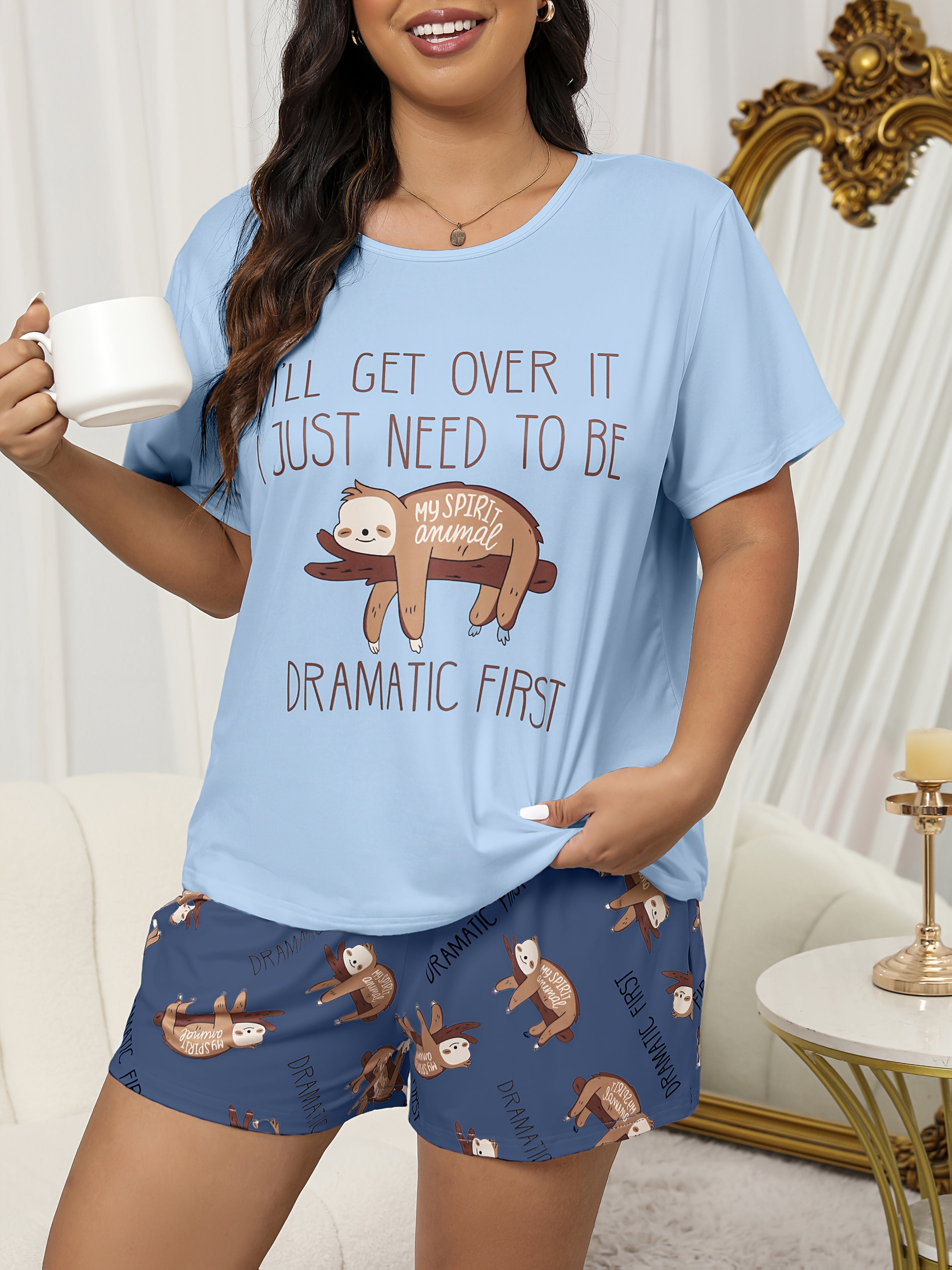 Plus Size Women's Sloth Print Pajama Set Light Blue Short Sleeve Shorts