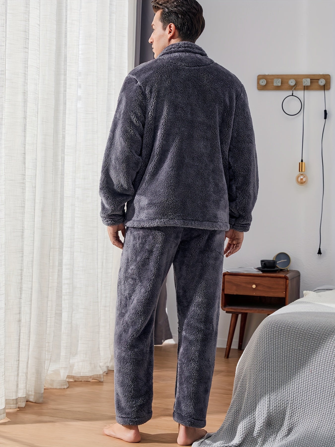 Men's Fleece Pajama Set Long Sleeve Pockets Solid Color Winter Casual