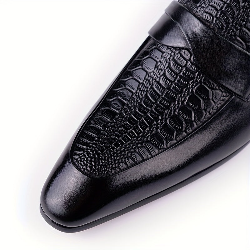 Mocasines de cuero con patrón de cocodrilo negro para hombre, con punta afilada, sin cordones, zapatos de vestir para negocios informales, para todas las estaciones
