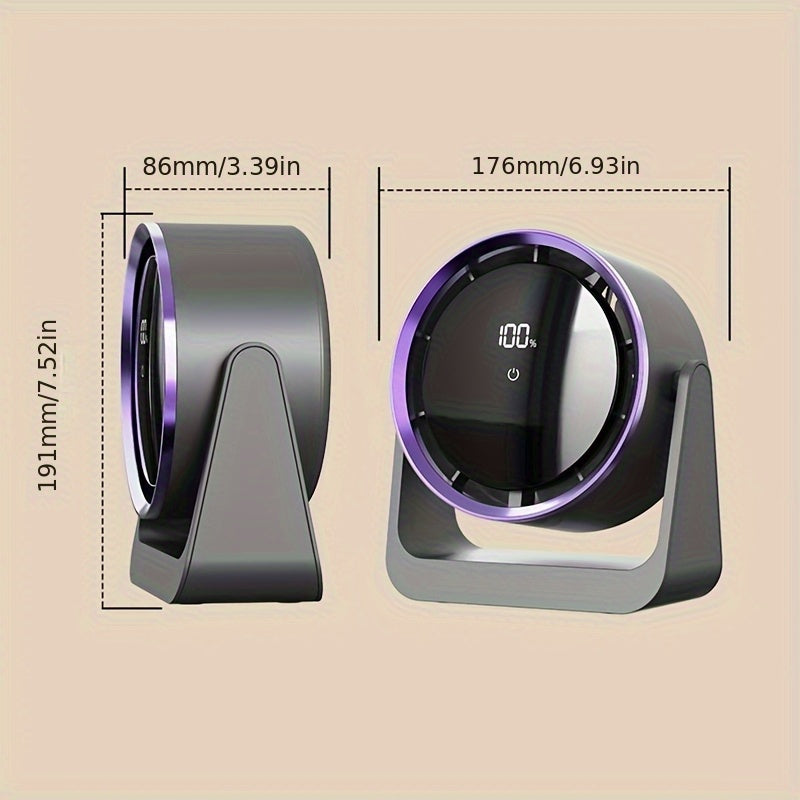 Portable LED fan with touch screen control 5-speed adjustable digital display USB rechargeable compact design indoor outdoor use