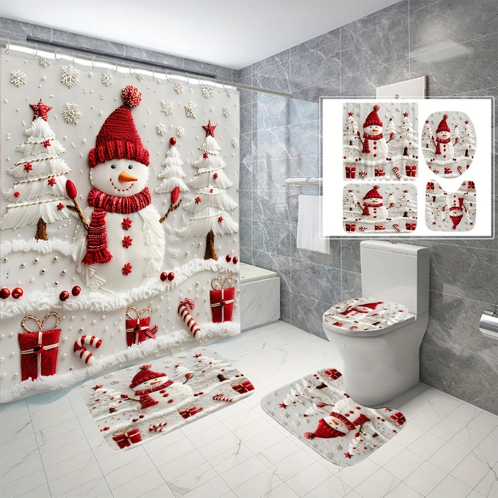 Christmas Snowman Shower Curtain Set with Bath Mat Toilet Lid Cover and Rug Polyester Waterproof