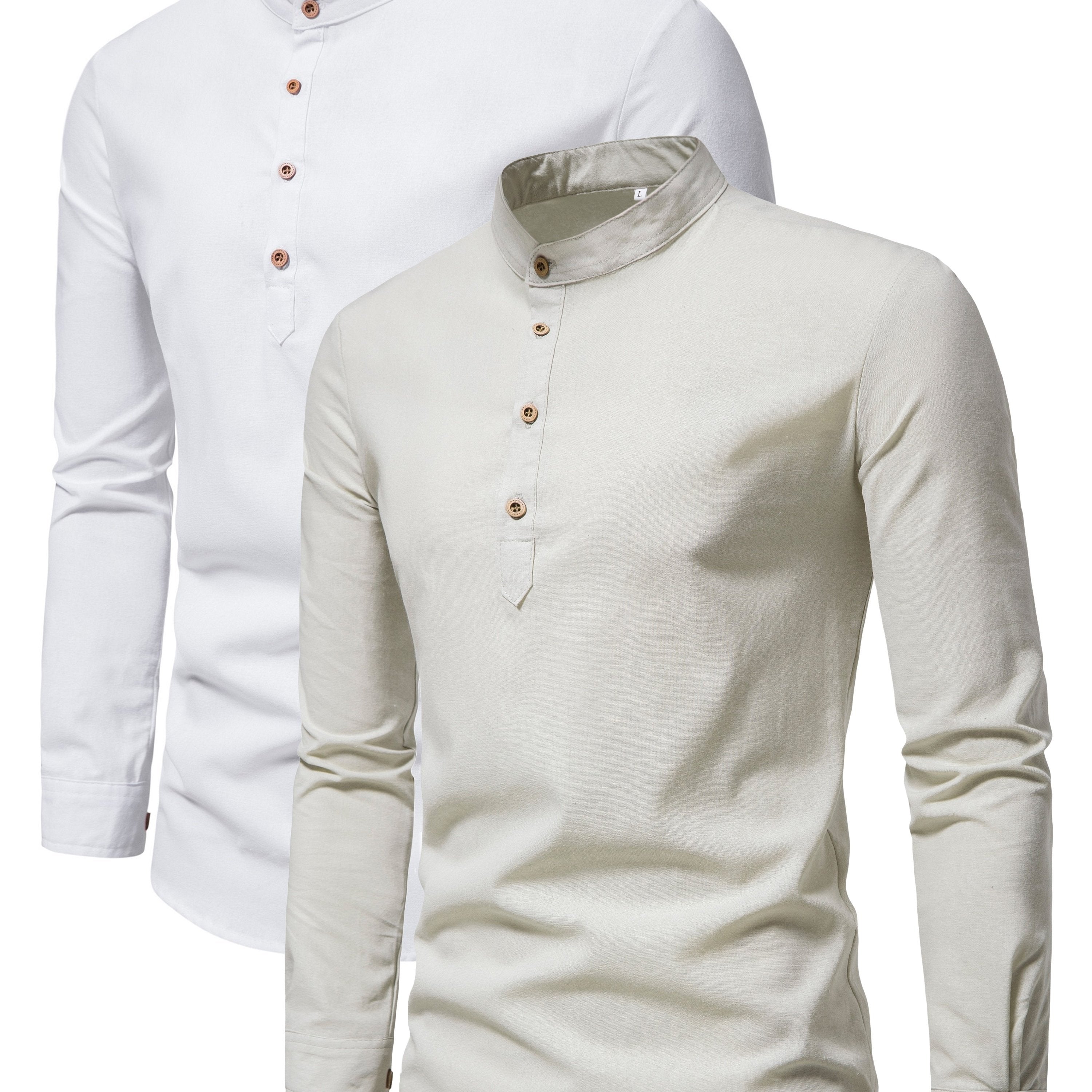 Men's Cotton Long-Sleeve Shirt Set Spring Autumn Stand Collar Slim Fit Solid Color Outdoor