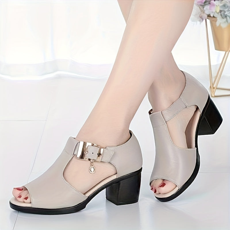 Women's Black Peep-Toe Chunky Heel Sandals with Gold Buckle and Cut-Out Design