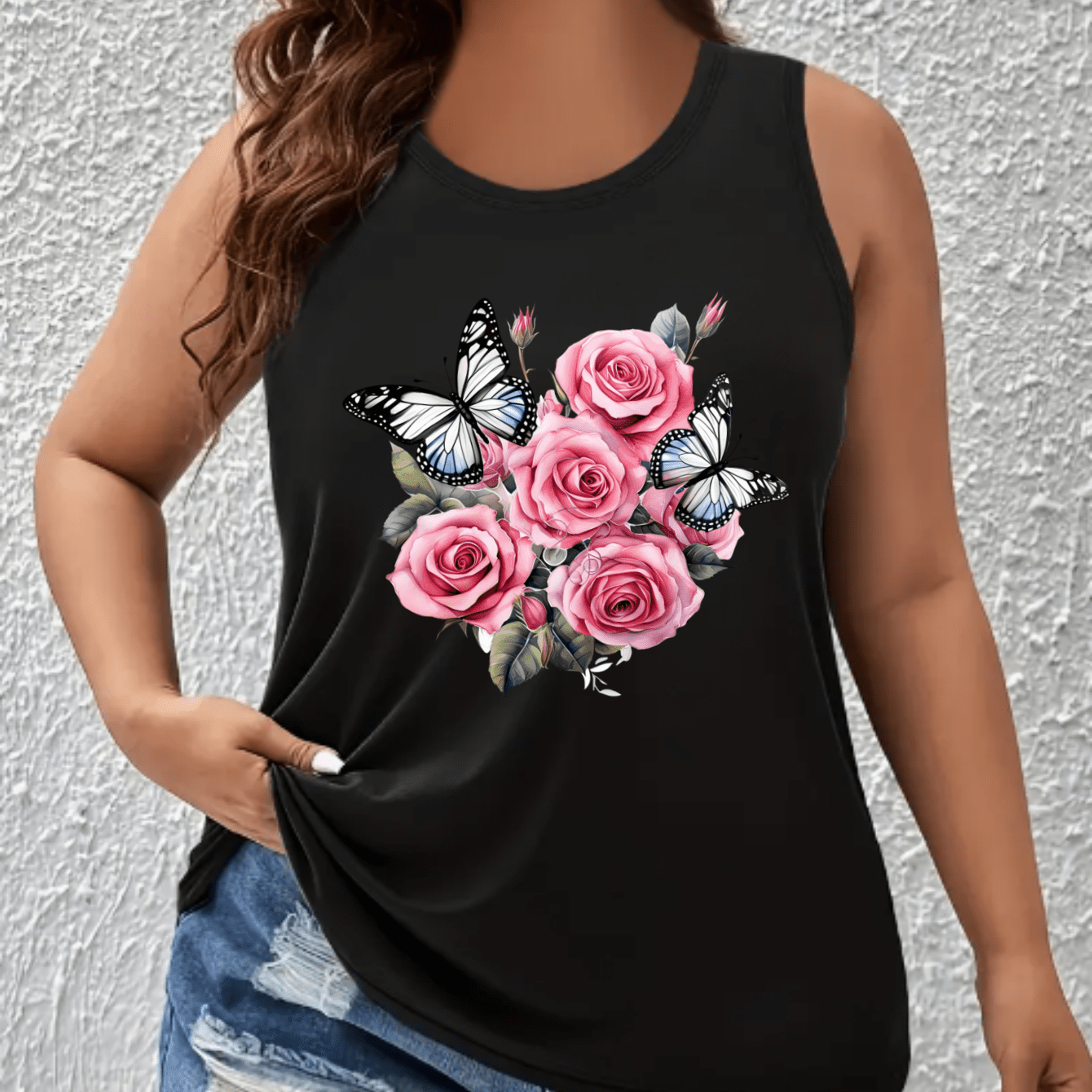 Top sin mangas de verano casual para mujer talla grande con estampado de mariposas y flores