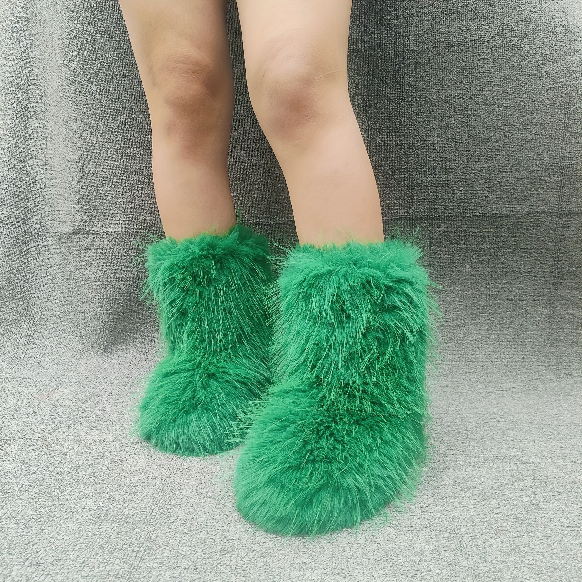 Women's Faux Fur Mid-Calf Snow Boots Warm Winter Slip-On Flat Shoes
