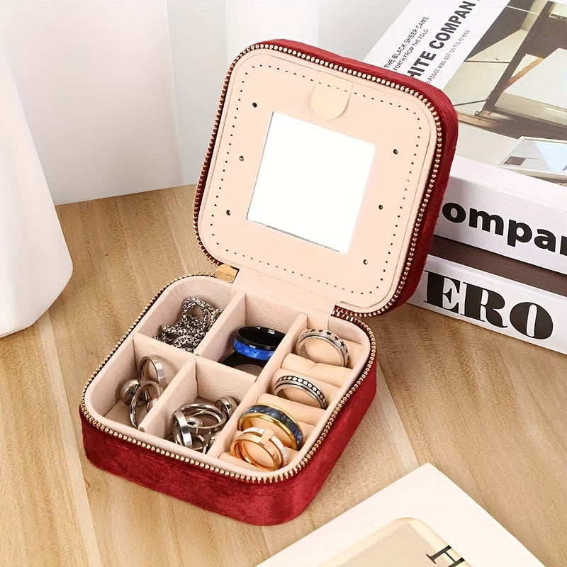 Velvet Jewelry Box with Mirror and Dual-Layer Zippered Storage for Accessories