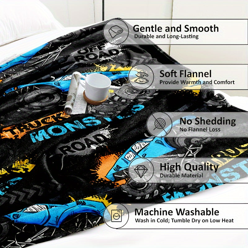 Monster Truck Flannel Blanket for Bed Sofa Home Decor Cozy Durable