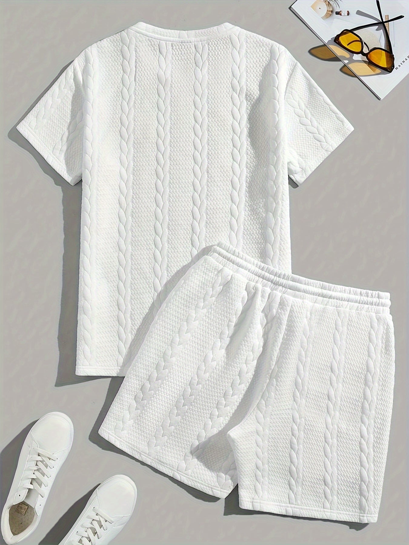 Men's Short Sleeve Solid Color Casual Set with Wheat Pattern and Drawstring Shorts