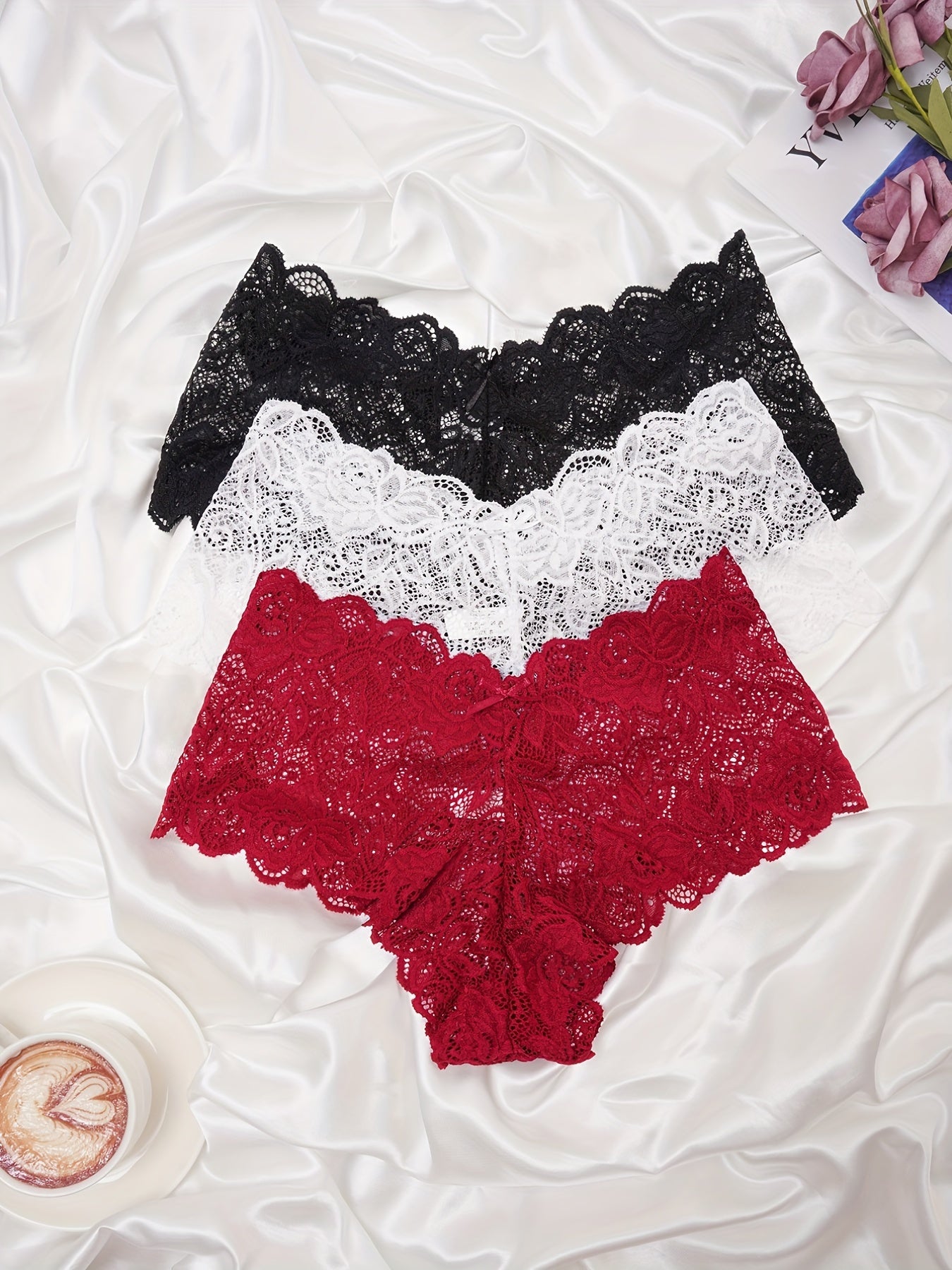 Women's Floral Lace Panties Set 3 Pack Breathable Scallop Trim Jacquard Sheer Shorts