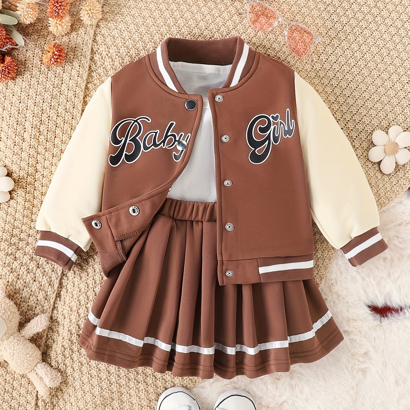 Girls Baby Girl 2-Piece Baseball Jacket and Pleated Skirt Set Fall Winter Cotton Blend