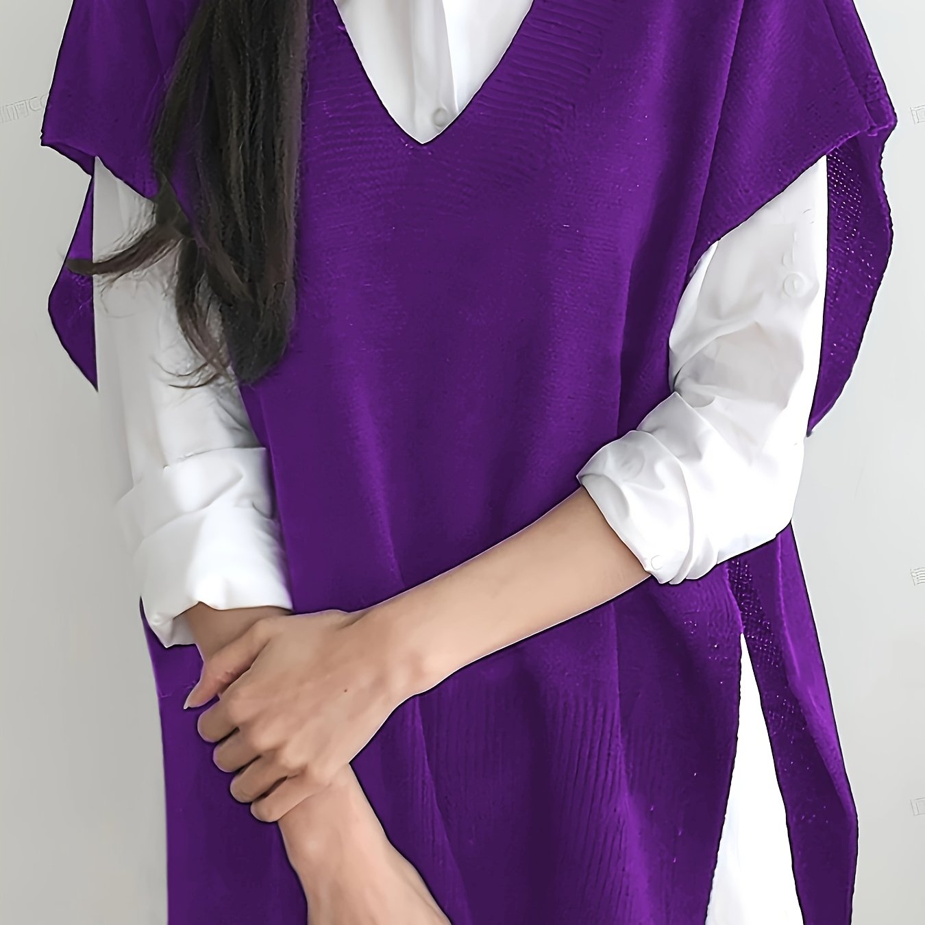 Women's Plus Size V-Neck Slit Top Stretchy Semi-Sheer Blouse