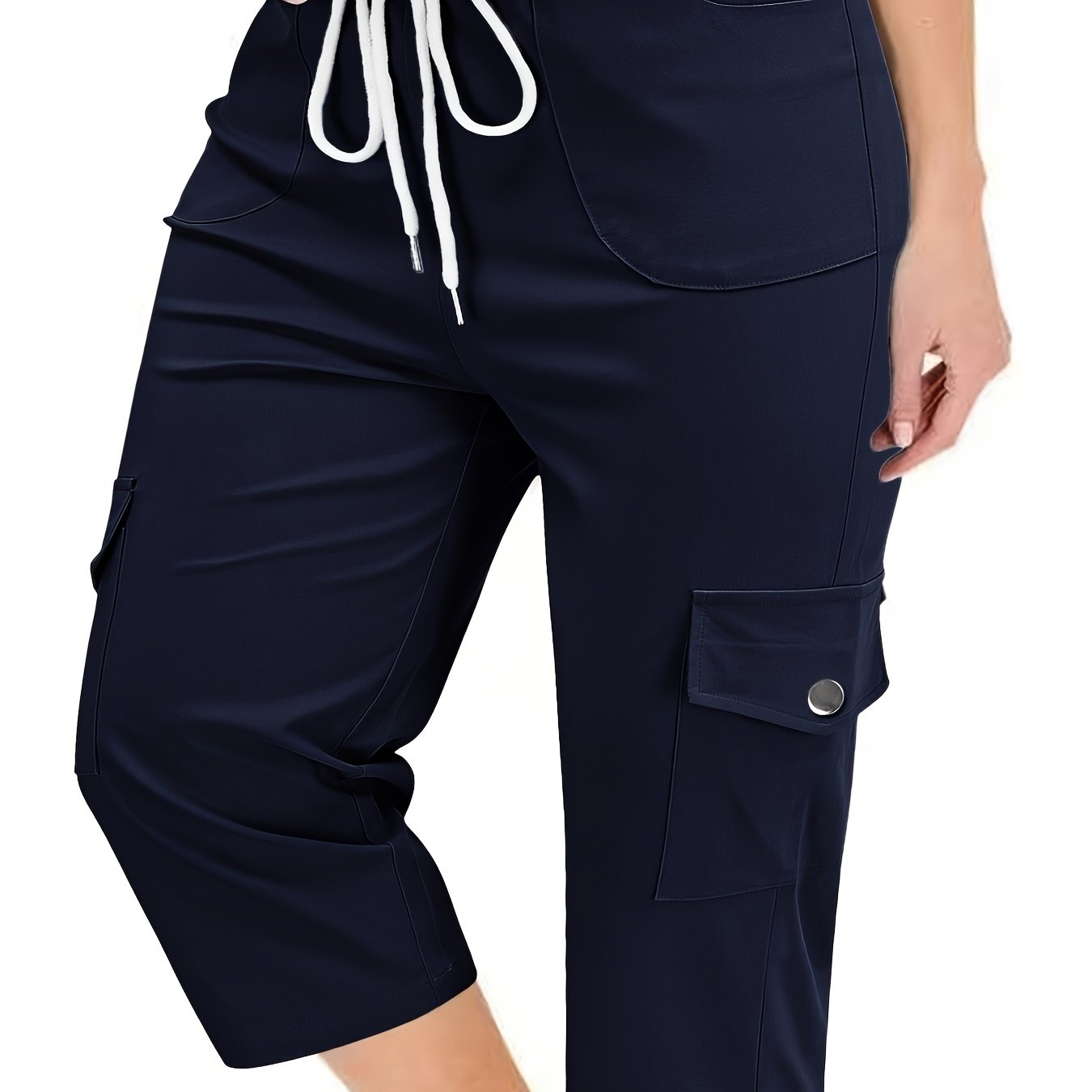 Pantalones cortos cargo para mujer de talla grande, negros, de corte holgado, con cordón y cintura elástica