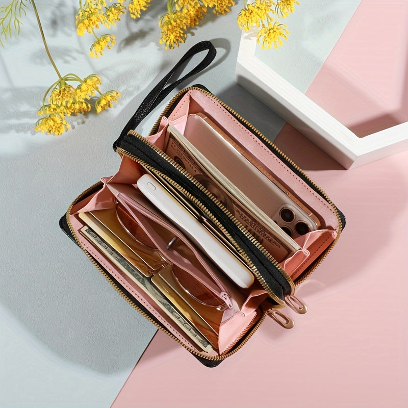 Элегантный клатч-кошелек с узором из личи, с 8 слотами для карт и несколькими compartments.