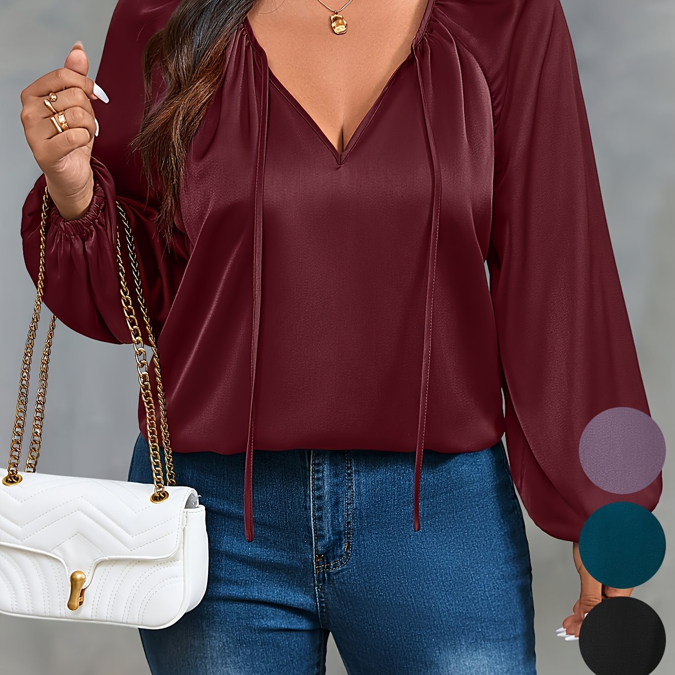 Plus Size Women's Green V-Neck Blouse with Ruffle Detail for Casual Wear