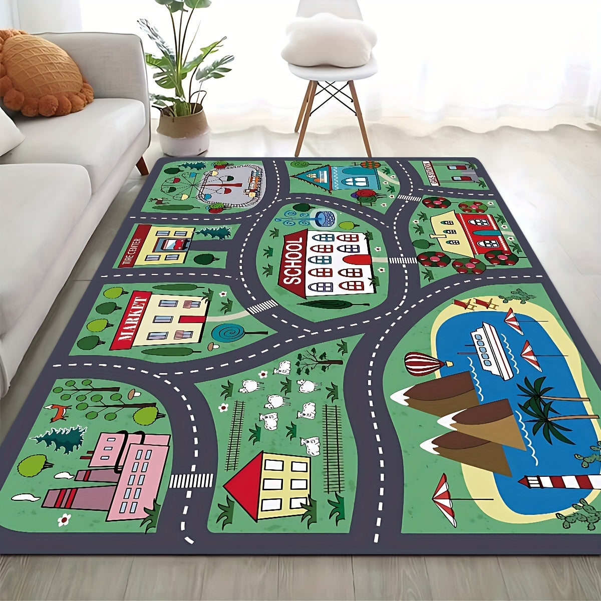 Urban Road Pattern Area Rug Non-Slip Moisture-Proof Polyester for Living Room Bedroom Kitchen