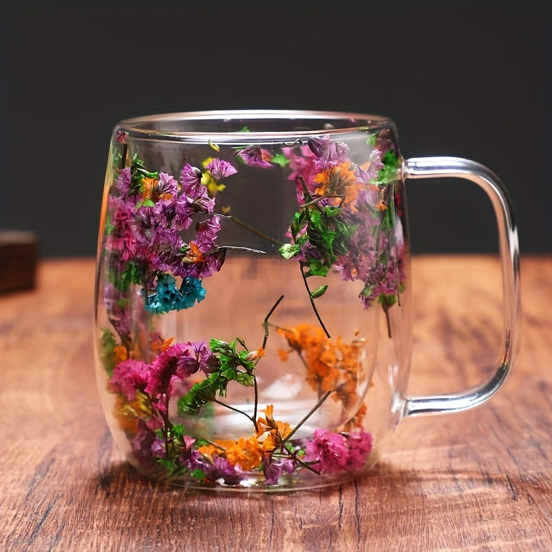 Double Layer Glass Coffee Mug with Flower Design Reusable Office Home Use