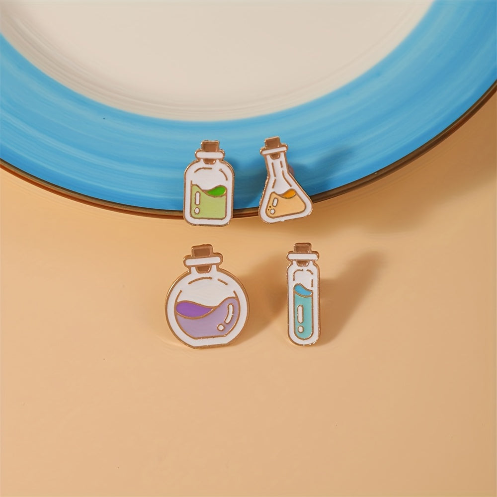 Set of 4 Cartoon Chemical Bottle Enamel Pins Alloy Brooches for Bags and Jewelry
