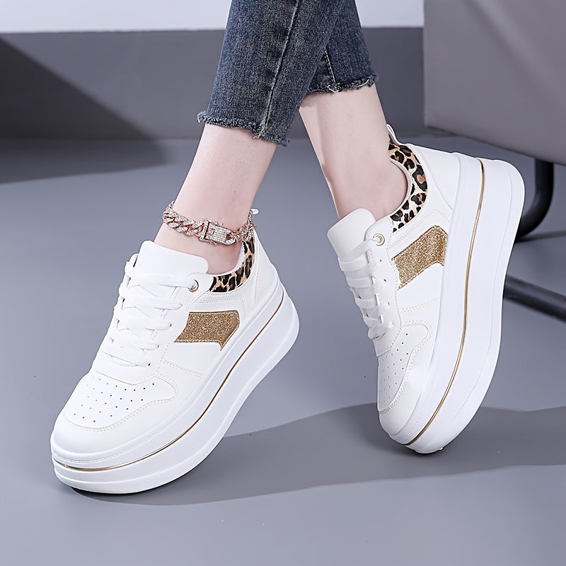 Women's Casual Thick-Sole Sneakers White Gold Low-Top Comfortable Lace-Up All-Season
