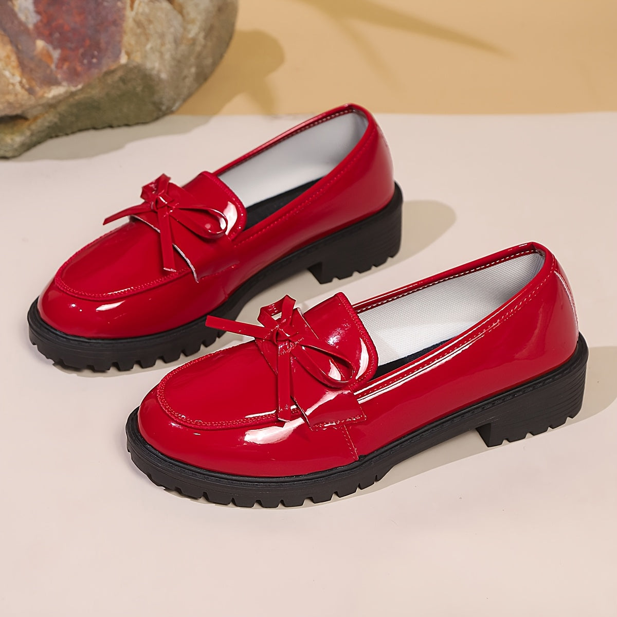 Women's Red Bow Oxford Loafers Glossy PU Slip-Resistant Comfort Sole