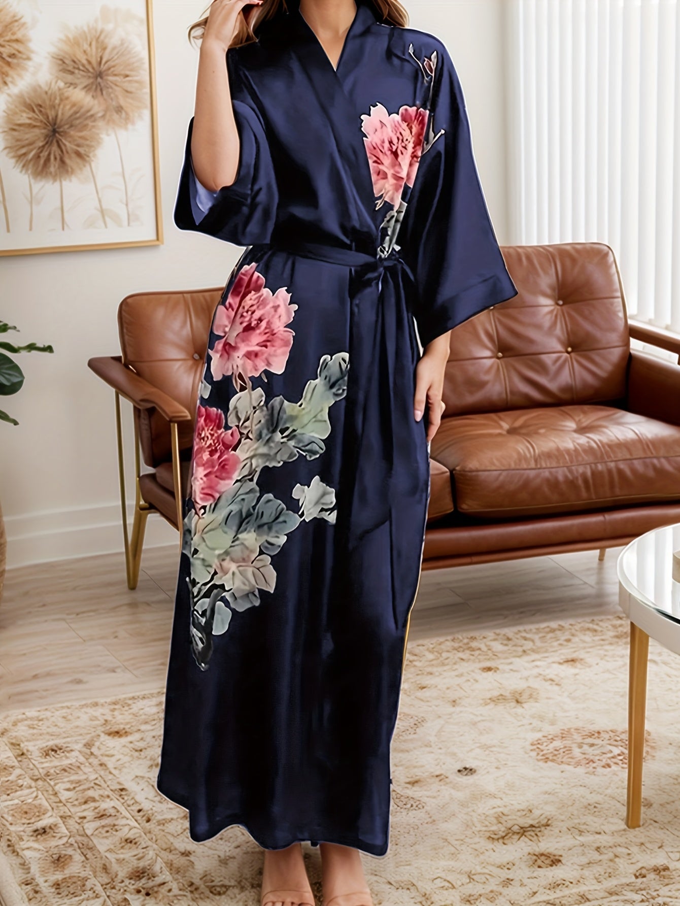 Plus Size Floral Satin Robe for Women Long Sleeve V-Neck Lounge Wear