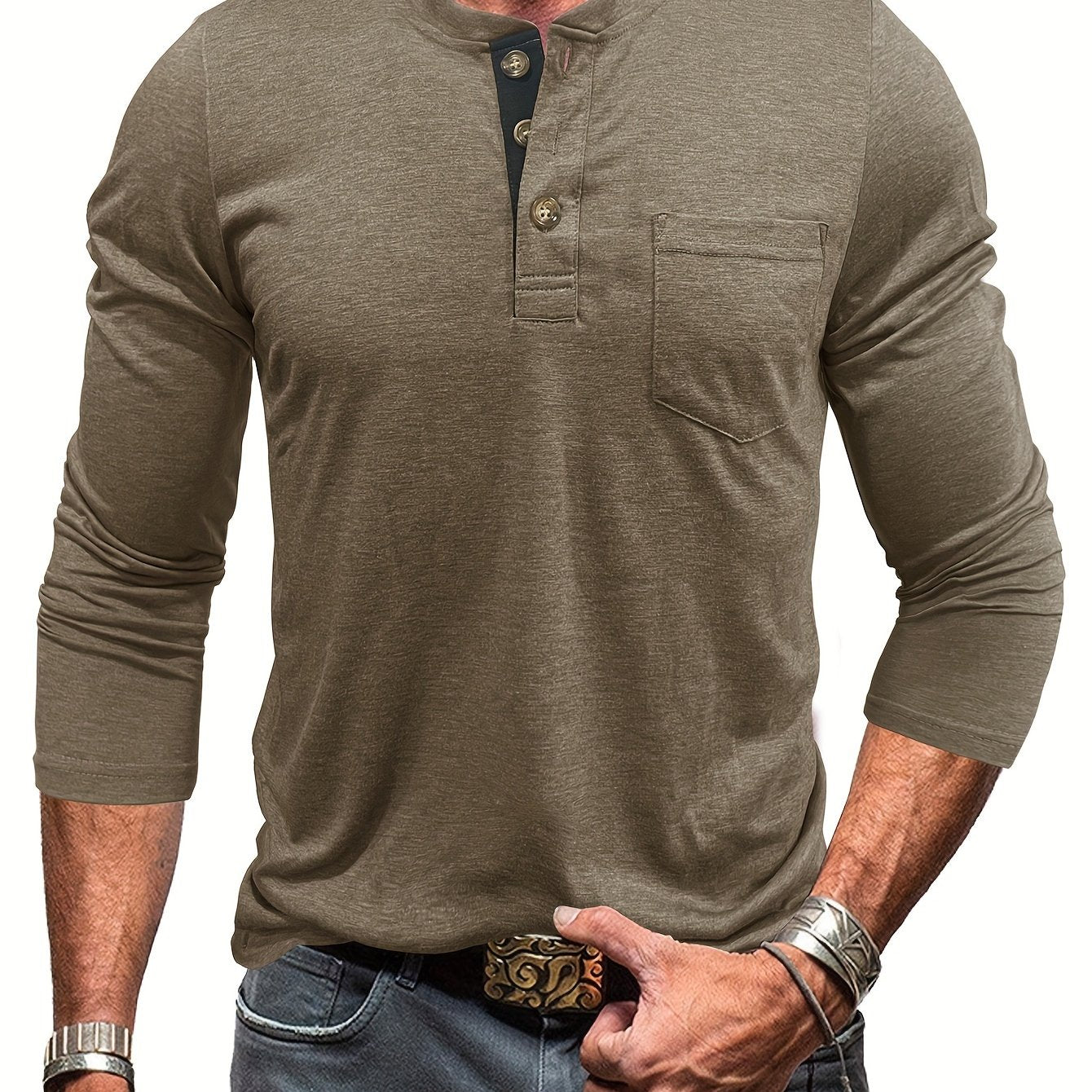 Men's Olive Green Henley Shirt Big & Tall Casual Long Sleeve Stretch