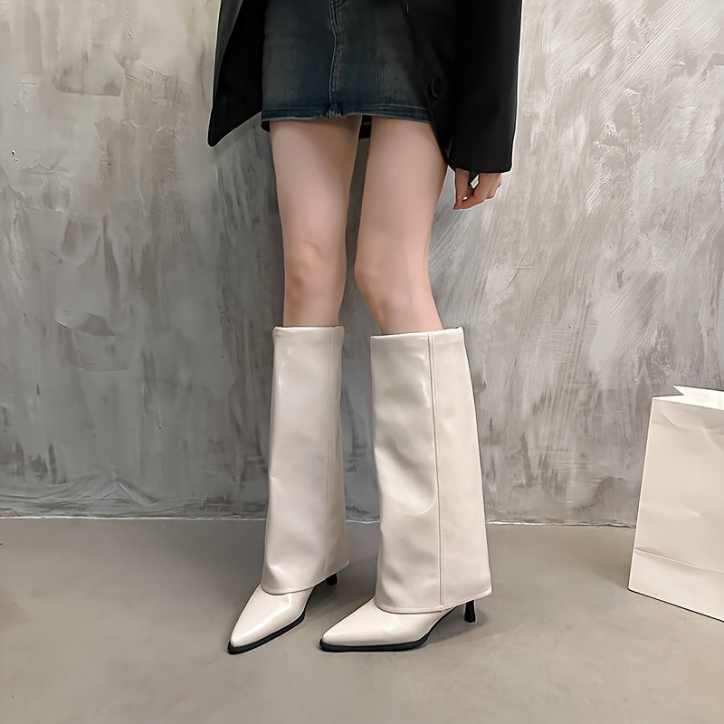 Women's Mid-Calf Stiletto Boots in Black Cream and Brown with PU Cover and Rubber Sole
