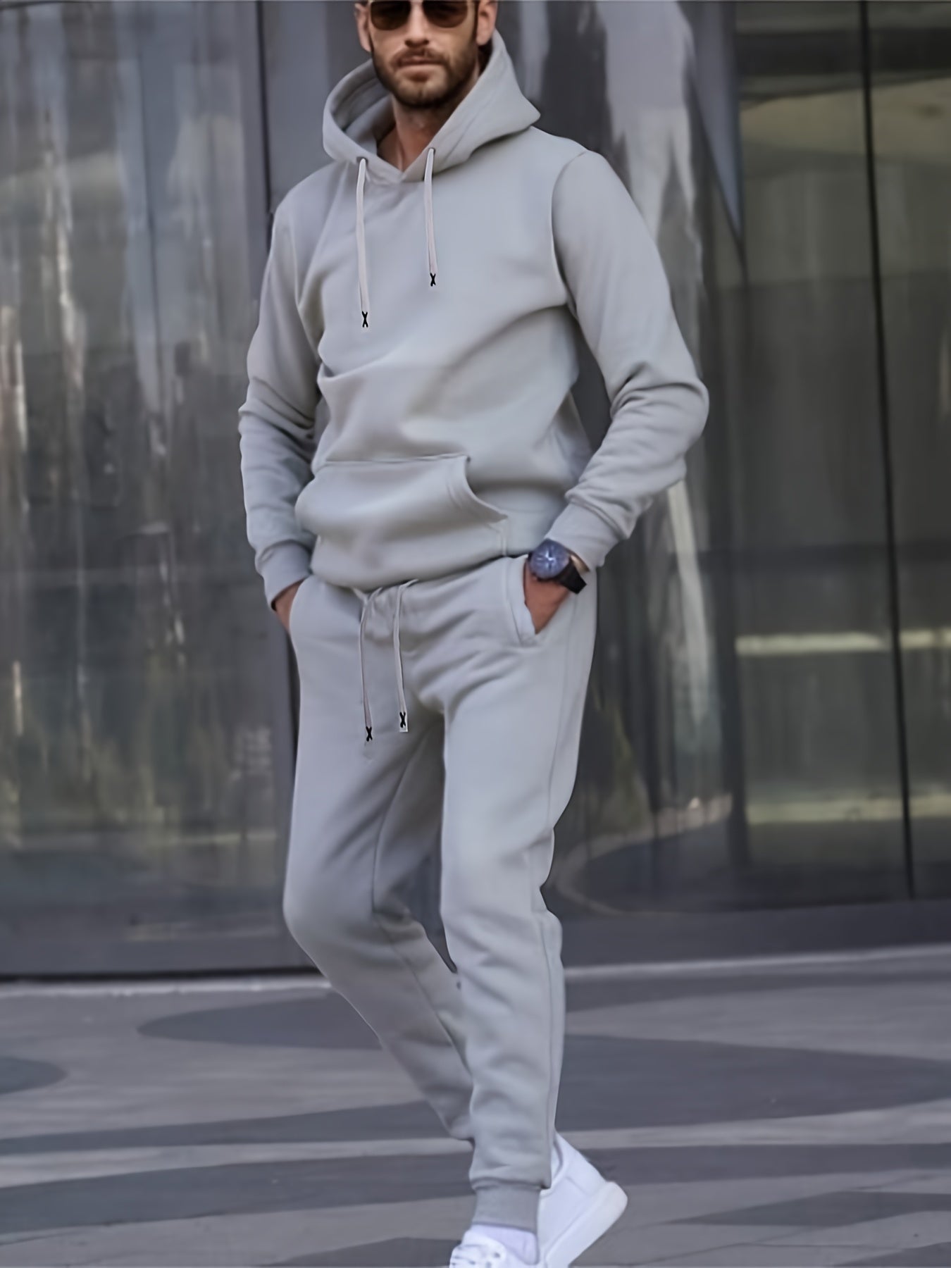 Men's Casual Sportswear Set with Embroidered Alphabet Belt Hooded Sweatshirt and Joggers