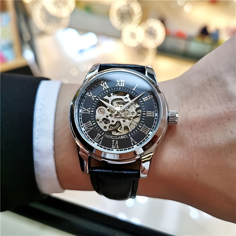 Men's Automatic Mechanical Watch Skeleton Design Brown Faux Leather Strap Casual Business Gift