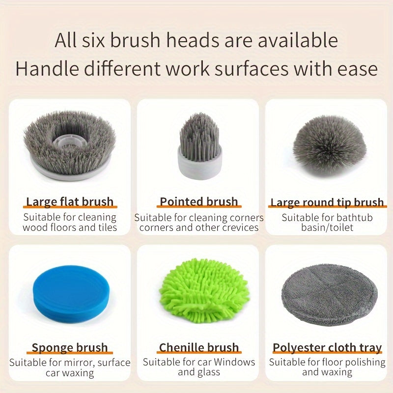 Wireless Electric Cleaning Brush with Telescopic Handle and 6 Brush Heads for Floor Bathroom Kitchen