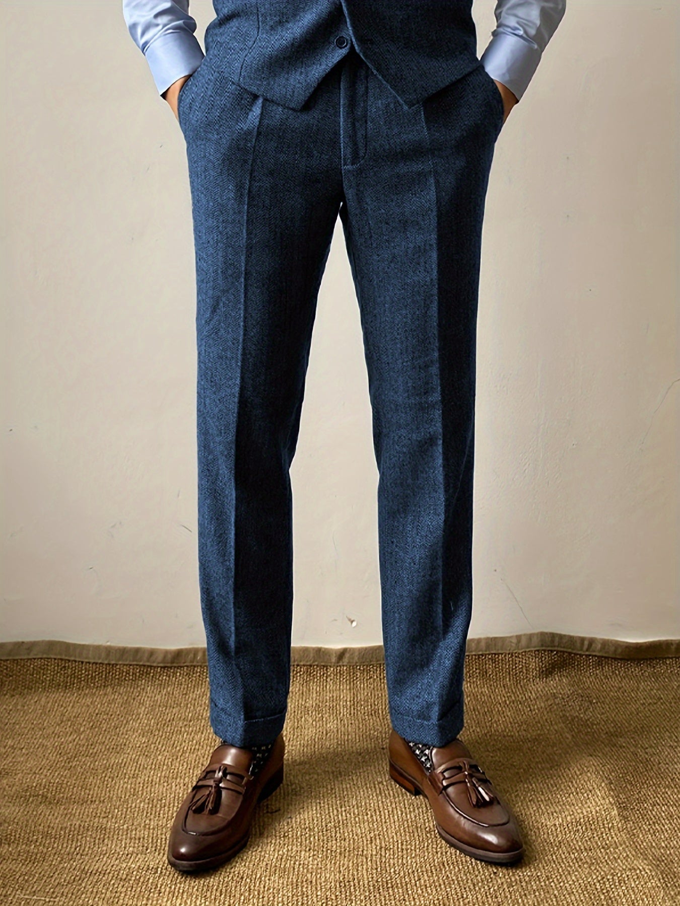Мужские брюки из твида с манжетами, однотонные, средней посадки, классический крой, для всех сезонов