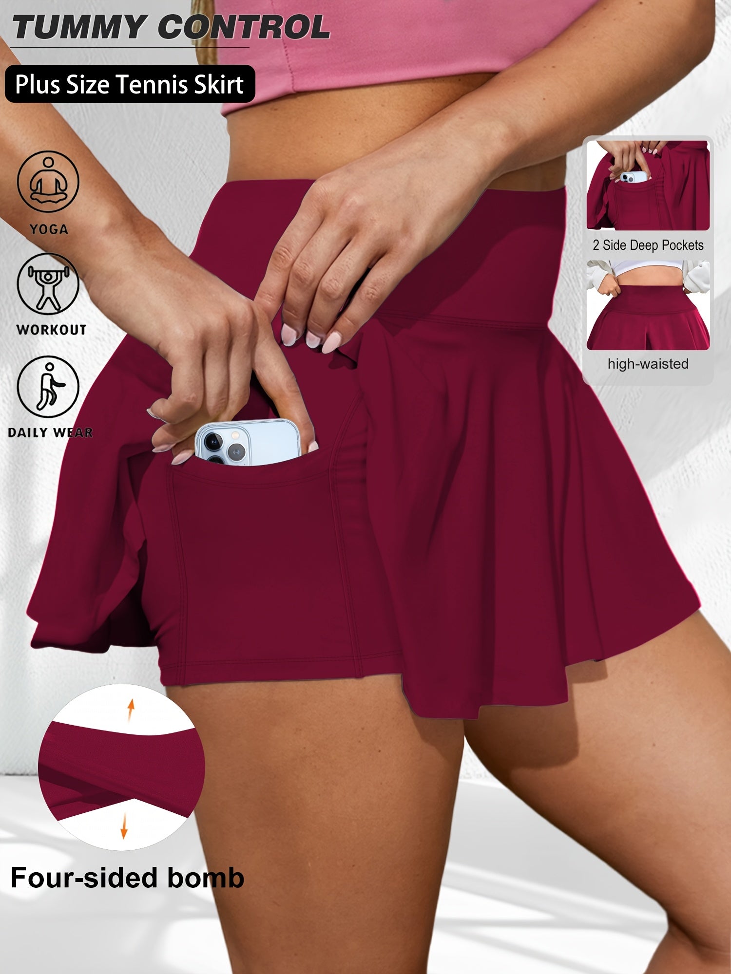 Women Summer Flared Knit Polyester Sports Skirt Pants Solid Color Side Pocket