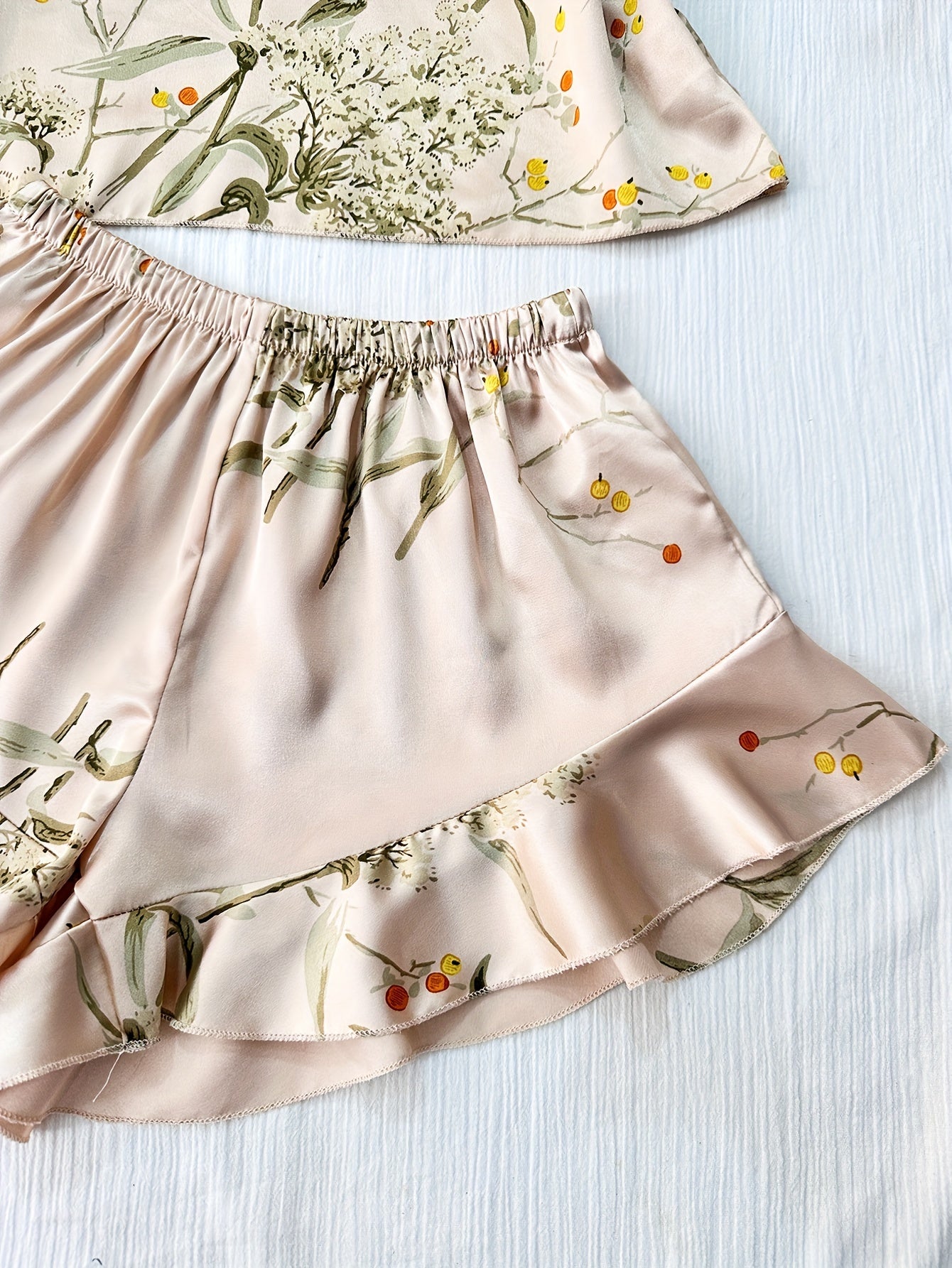 Women's Satin Sleepwear Set with V-Neck Camisole and Ruffle Hem Shorts