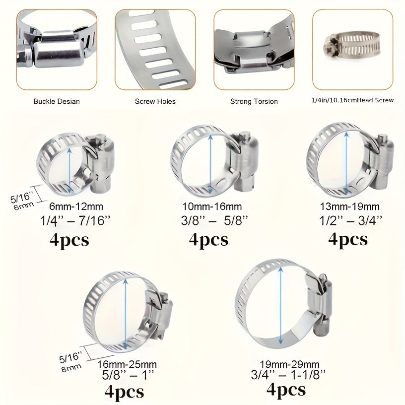 20 Pcs Stainless Steel Hose Clamps Set Adjustable 1/4-1-1/8 Inch for Pipe and Fuel Line