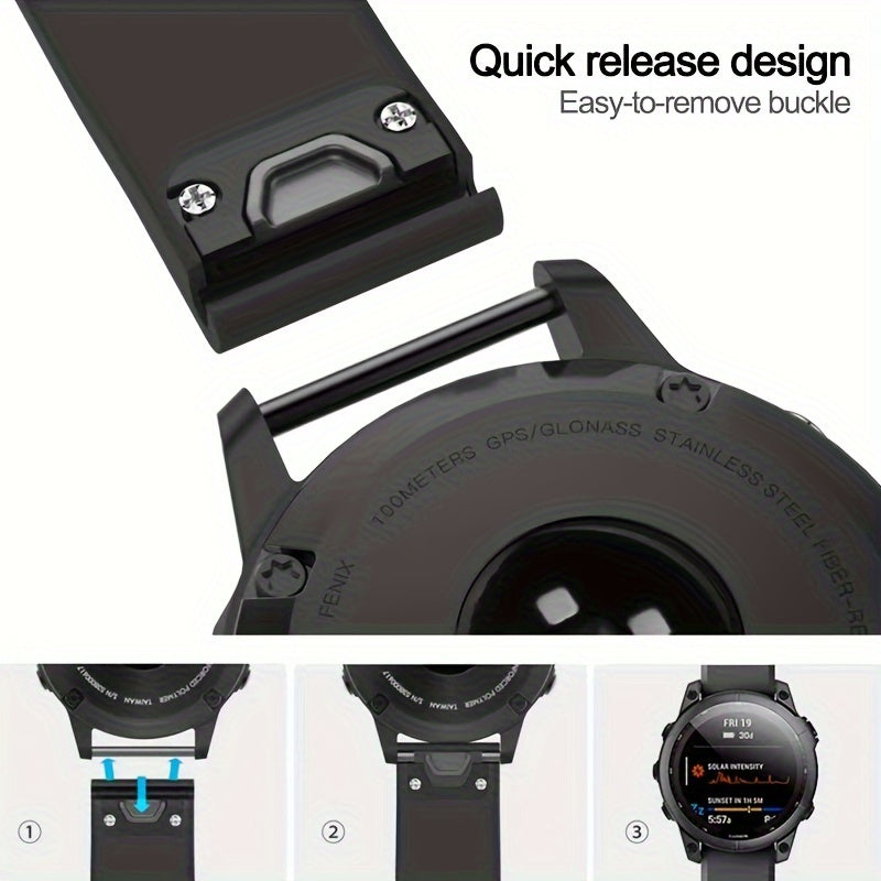 Sevimli tanlov: Garmin Fenix 5, 5X Plus, 6, 6X Pro, 7, 7X, Forerunner 945, 935, Instinct 2X uchun 26mm/22mm o'lchamdagi mustahkam silikon tez chiqarish sport tasmasi - Qulflovchi bilan aqlli soat bilaguzuk.