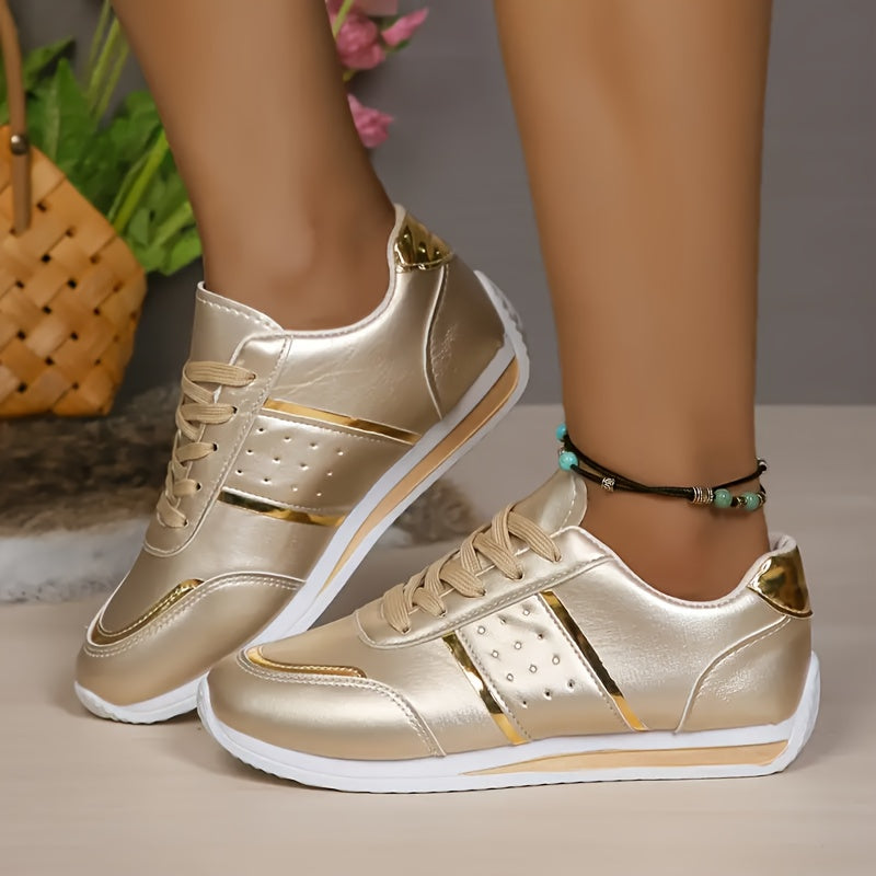 Women's Glitter Stripe Casual Sneakers with Metallic Gold Upper