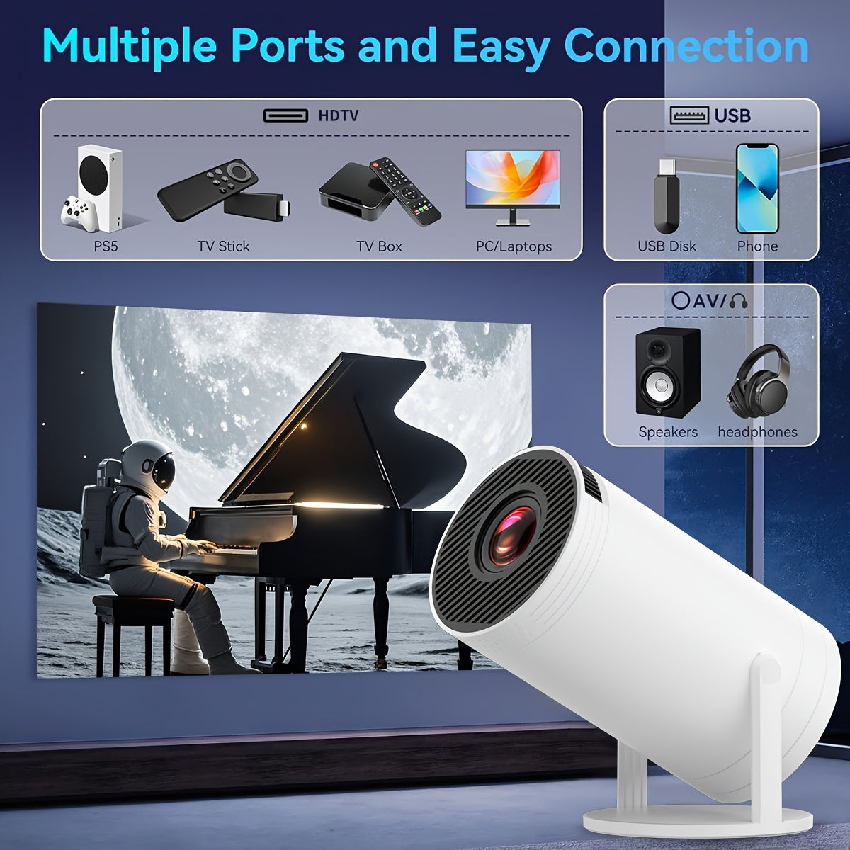 Mini Projector 4K Full HD WiFi6 BT 5.2 Portable 13000 Lumens 3.3m Screen