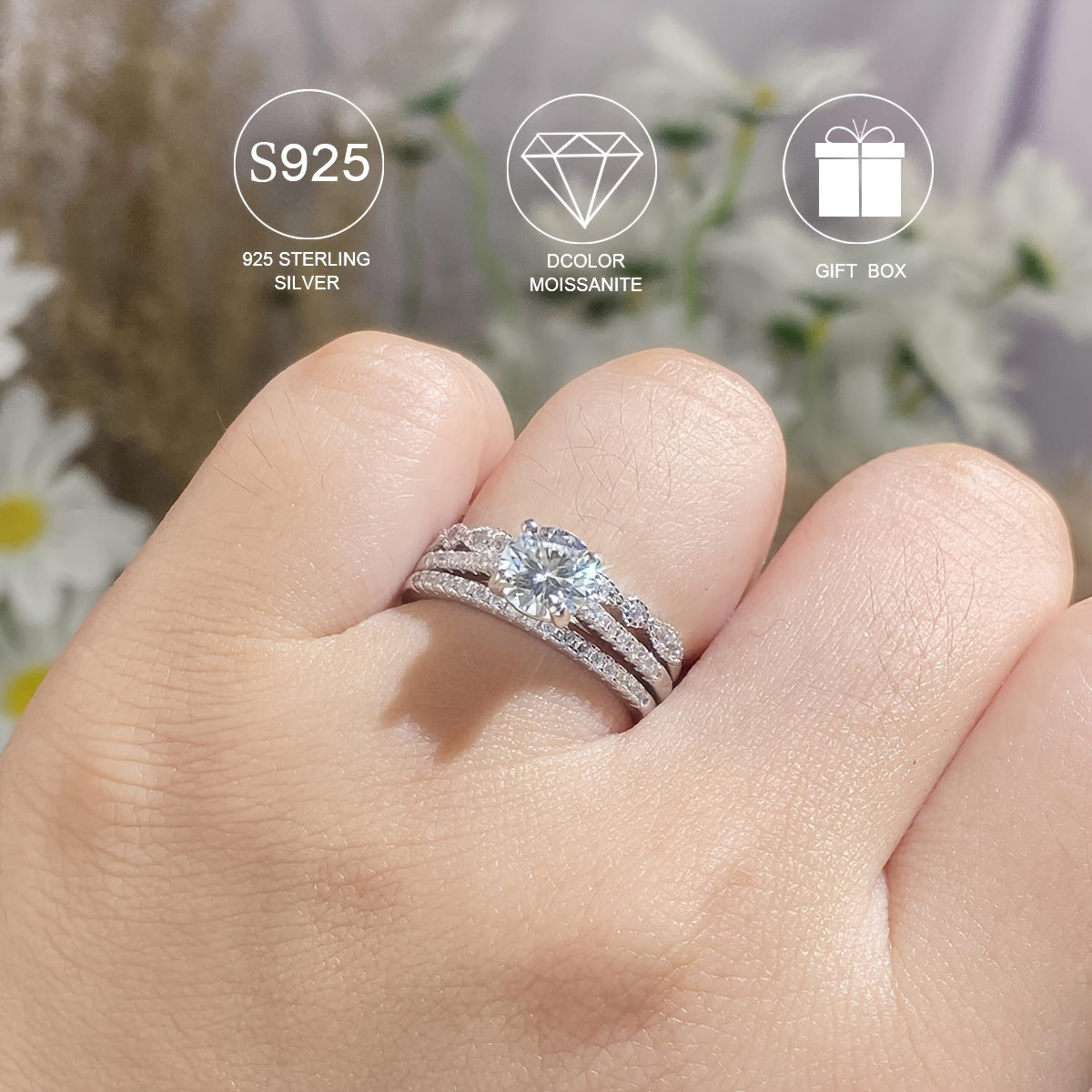 Sterling Silver Stack Ring for Women with Moissanite 2-3ct Gift Box