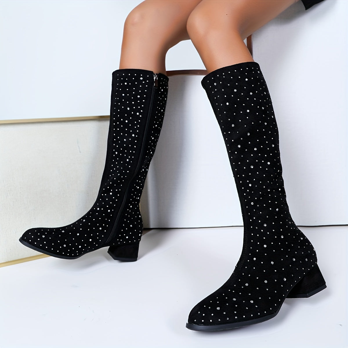 Women's Mid-Calf Rhinestone Boots with Zippered Low Block Heel Black