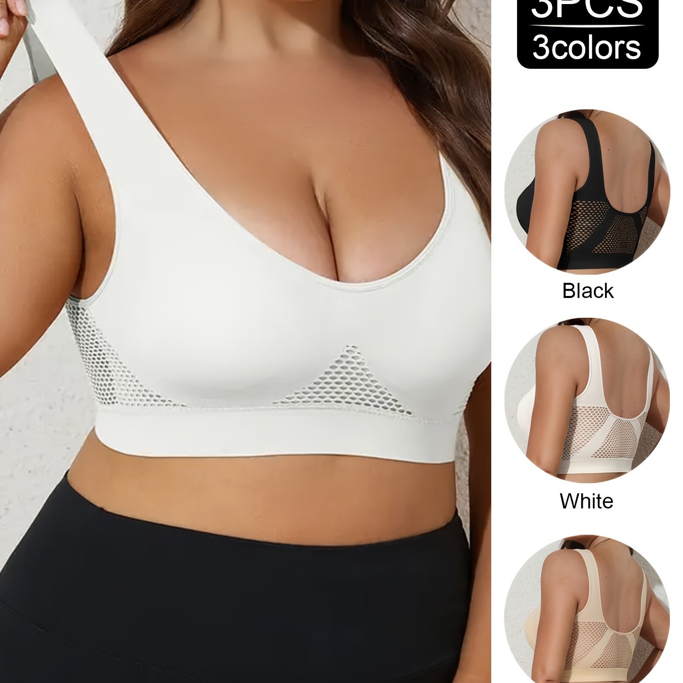 Plus Size Sports Bra Tank Top Set 3 Pack No Underwire Mesh Breathable