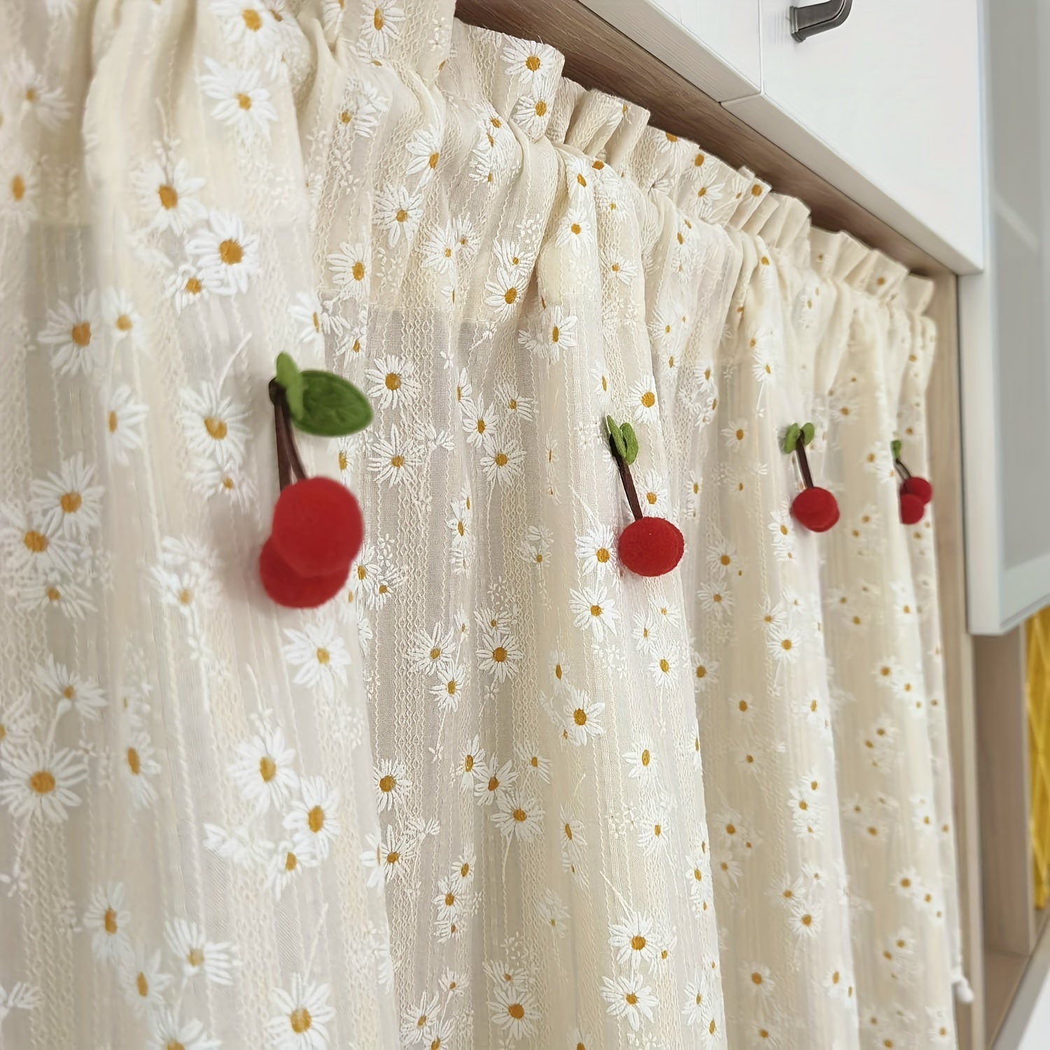 Country Chic Red Daisies and Cherries Curtains with Rod Pocket for Kitchen and Porch