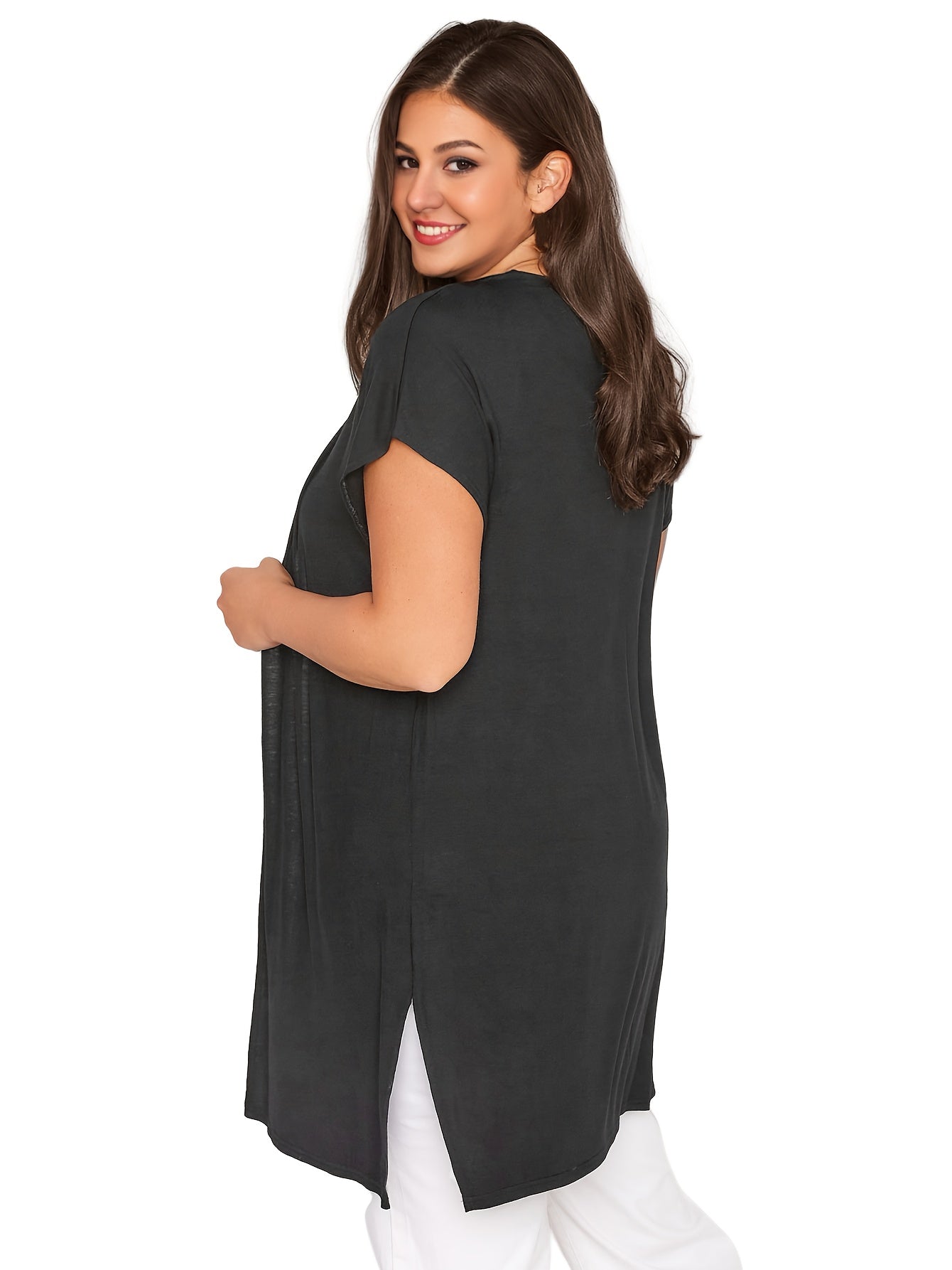 Plus Size Women's Loose Casual Cardigan with Side Splits and Grown-On Sleeve