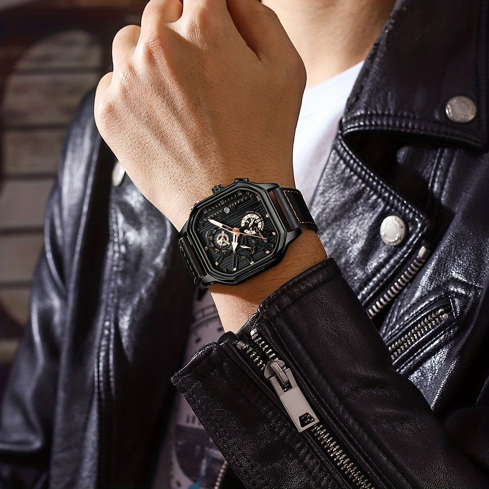 Men's Black Stainless Steel Chronograph Watch with Leather Strap