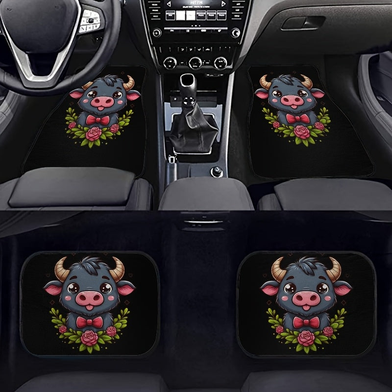 4PCS Non-Slip Water Absorbent Highland Cow Pattern Car Floor Mats for Sedan SUV